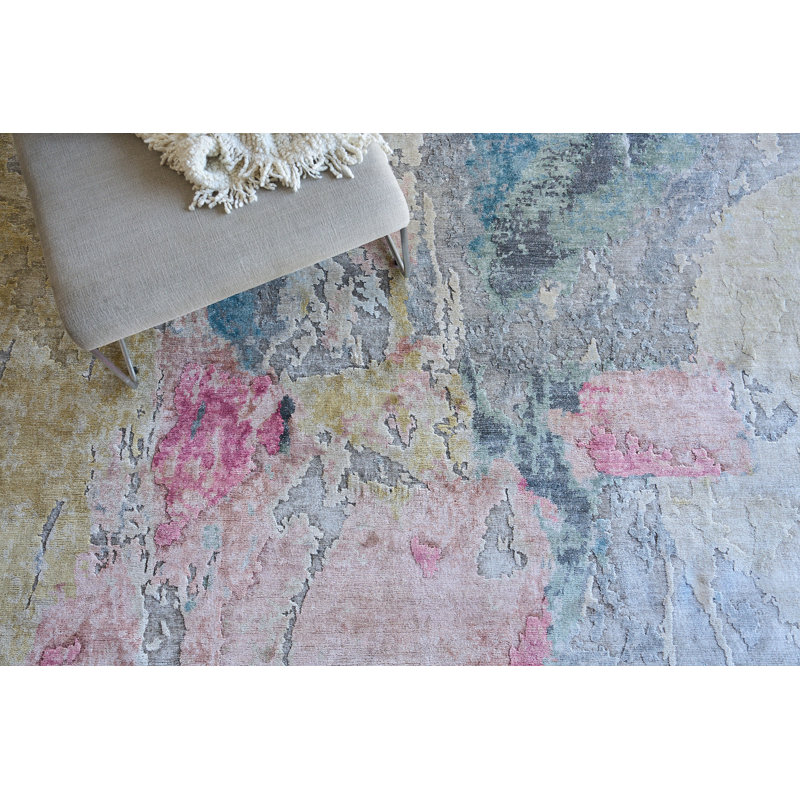 Rectangle Floor Art Abstract Hand-Knotted Bamboo Slat/Seagrass Area Rug in Silver/Blush, Rectangle 6' x 9'