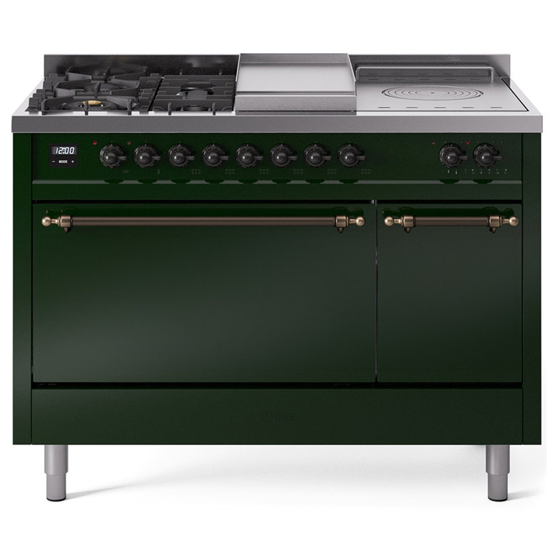 ILVE Nostalgie II 48 in Dual Fuel Range, 5 Burner, Griddle, Frenchtop, Natural Gas, Emerald Green/Bronze