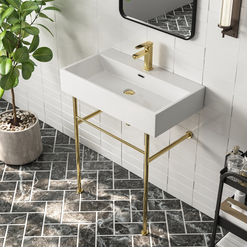 Rectangular 30 Ceramic Console Sink White Basin with Overflow Single Faucet Hole, White/Gold