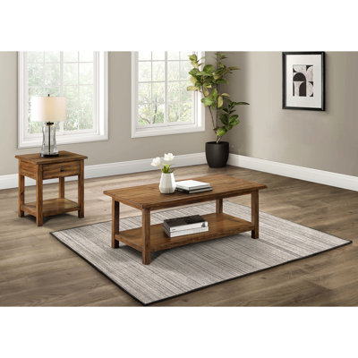 Table de bout et 1 table de bout style vieilli brun patiné, construction en pin, plateau de table généreux pour le décor, tiroirs en bois avec rangement pour les collations, espaces de vie principaux idéaux