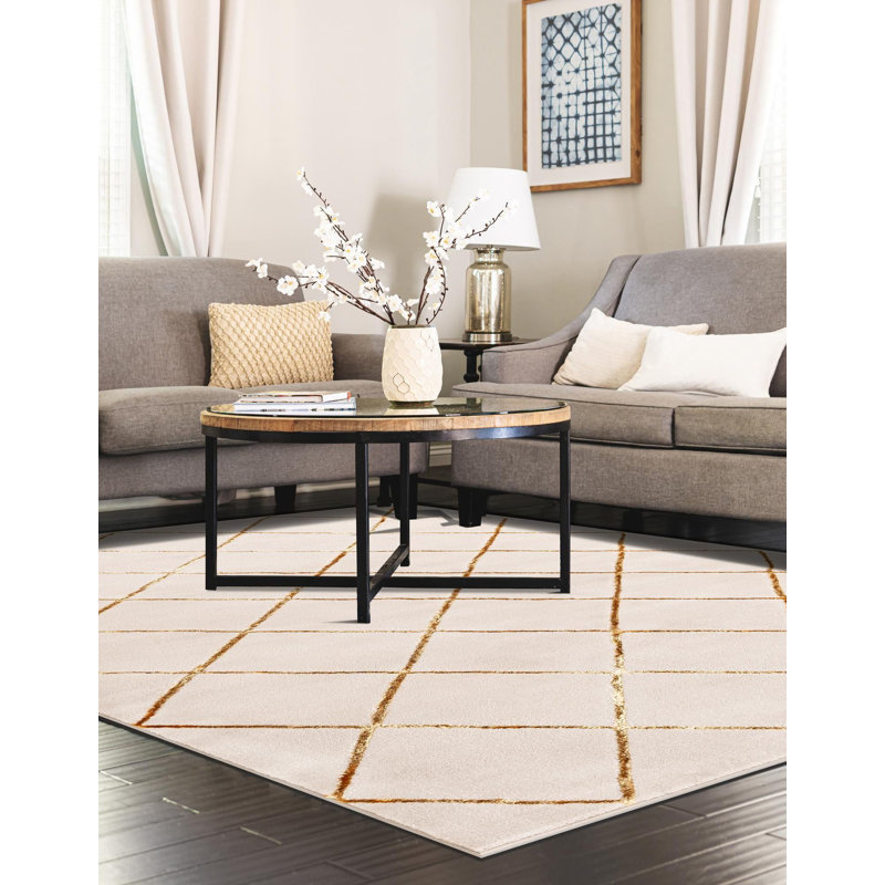 Tapis contemporain blanc et doré Etowah, Rectangle 2 pi x 3 pi 1 po