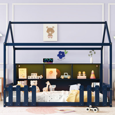 Twin Size House Bed With LED Light, Wood House Bed With Storage Bookshelf, Floor House Bed With Guardrails