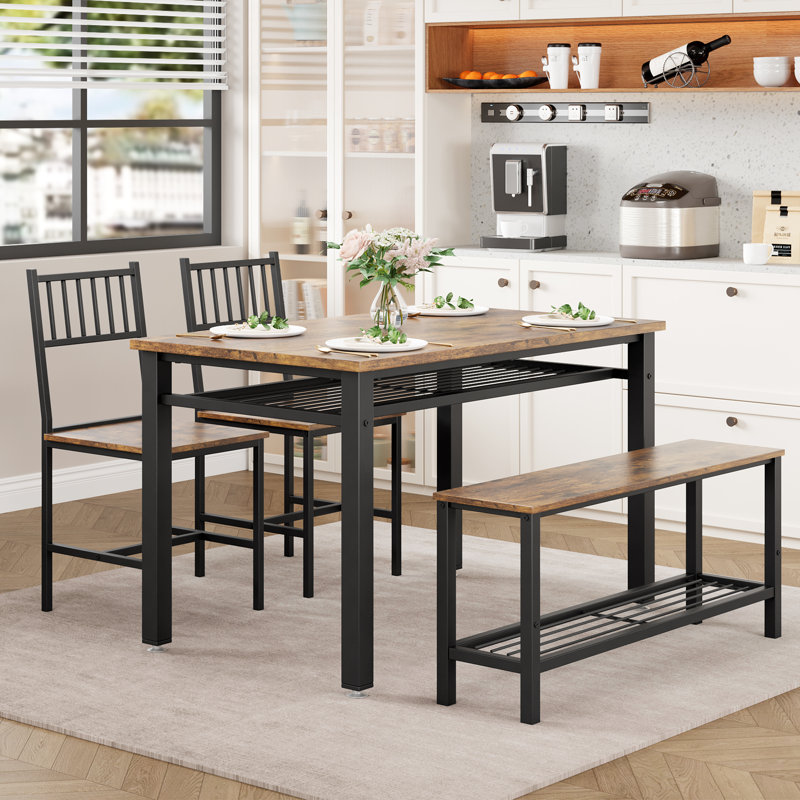 Ensemble de table de salle à manger 4 pièces pour 4 personnes - Table rectangulaire moderne avec 2 chaises, banc de rangement et structure en métal - Mobilier de salle à manger pour appartement, petits espaces - Bois brûlant