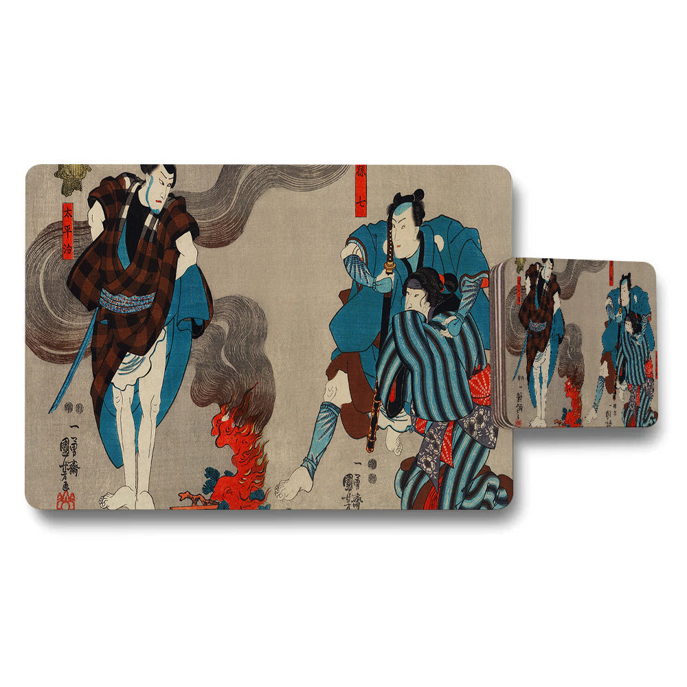 Ukiyo E Style Japanese Placemat Coaster Set Samurai Scene