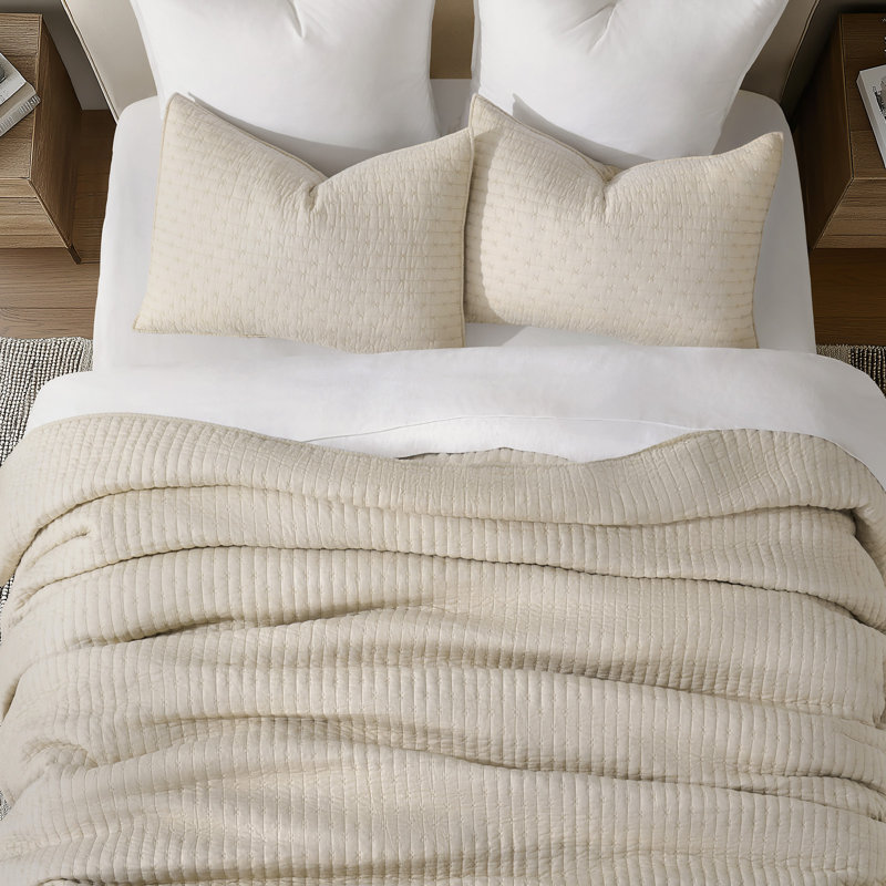 Ensemble de courtepointe en point de croix en coton, Grand lit, Beige lin
