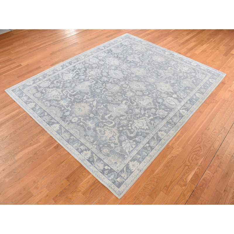 Tapis gris en laine nouée à la main 8 pi 1 po x 10 pi Influence Oushak avec laine peinte