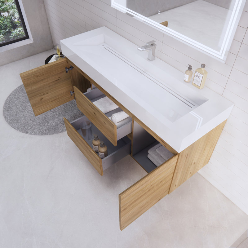 Ensemble de meuble-lavabo mural simple 59 po Babajide, Chêne naturel