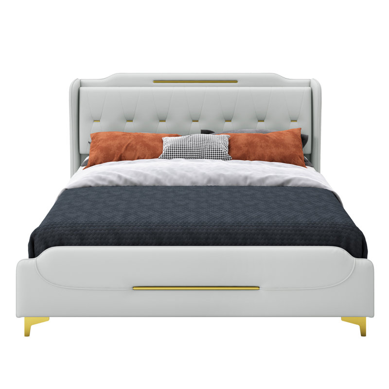 Grand lit tapissier en polyuréthane avec tête de lit à oreilles et sans sommier, capacité de 800 lb, structure sous le lit de 4 pouces en cuir gris, tête de lit, lattes solides, capacité