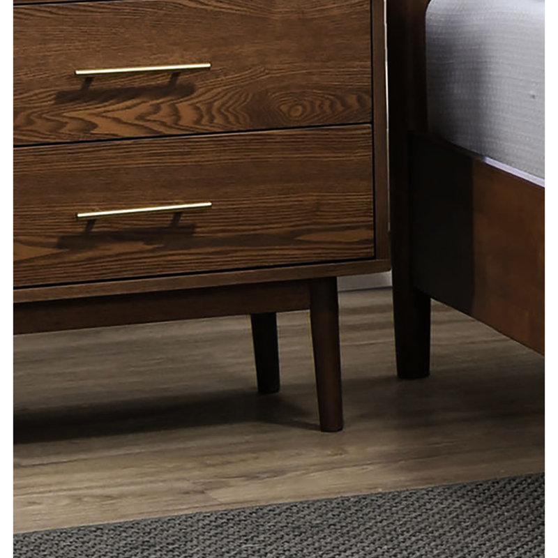3 pièces pour chambre à coucher, couleur noyer, très grand lit de style oriental de style Mid-Century, tapissier beige, tête de lit à panneau en tissu et système de pourboire moderne Boucle, lit de taille, poignées en nickel