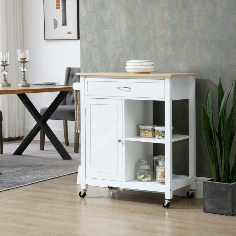Chariot pour îlot de cuisine, îlot de cuisine avec rangement, plateau en bois massif, tiroir, pour la salle à manger