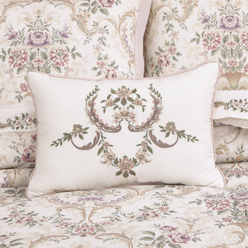 Blush and White Embroidered Floral Rectangular Throw Pillow