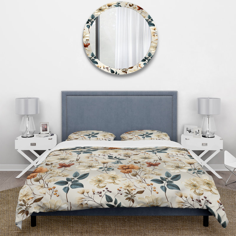 Ensemble de housse de couette à motif floral d'automne orange et blanc, Housse de couette simple + 1 taie décorative stan