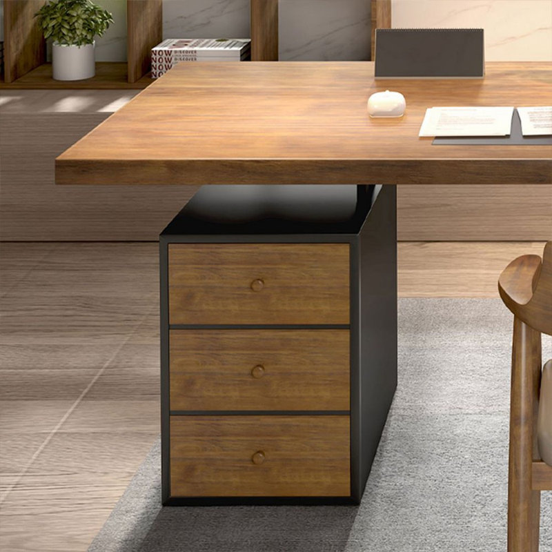 Bureau de direction rectangulaire en bois massif brun clair avec tiroirs, Retour à gauche, 29.53" H x 70.87" W x 31.5" D