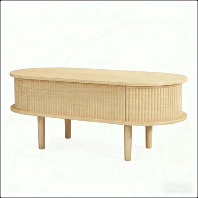 Table basse à plateau cannelé avec compartiment caché, table centrale en bois, plateau de table ovale moderne