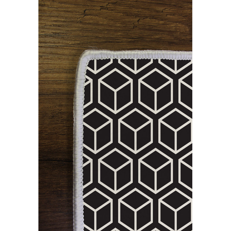 Tapis géométrique en polyester tissé à la machine en noir et blanc, Rectangle 3 pi 11 po x 5 pi 11 po