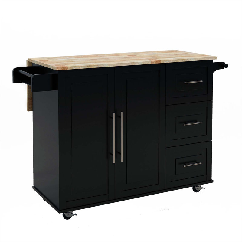 Kitchen Island With Spice Rack, Towel Rack And Extensible Solid Wood Table Top, Black