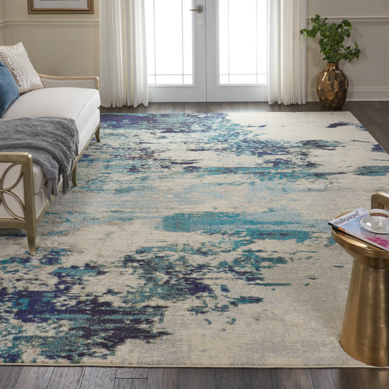 Tapis abstrait ivoire / bleu marine / bleu Adrienn, Rectangle 6 pi 7 po x 9 pi 7 po