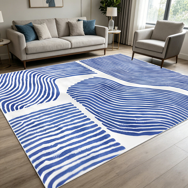 1PC Abstract Wavy Striped Navy Blue White Modern Minimalist area rugs for Living Room, Soft and Comfortable, Suitable for all seasons, easy-to-maintain, machine washable Indoor floor mat, Under Table Farmhouse suitable for dining room, bedroom, home