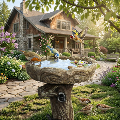Bain d'oiseaux autoportant en béton de 23 pouces de hauteur avec un faux oiseau décoratif en forme de tronc, un design rustique et durable pour les oiseaux, rehausse le décor du jardin, du patio, de la cour et de la pelouse