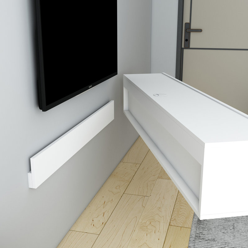 Modern White TV Stand with Multiple Shelves, 63.0 x 11.6 x 29.2 inches | 100% Chipboard, Wall-Mountable Design | Stylish and Functional Furniture for Living Room, Entertainment Room, and More