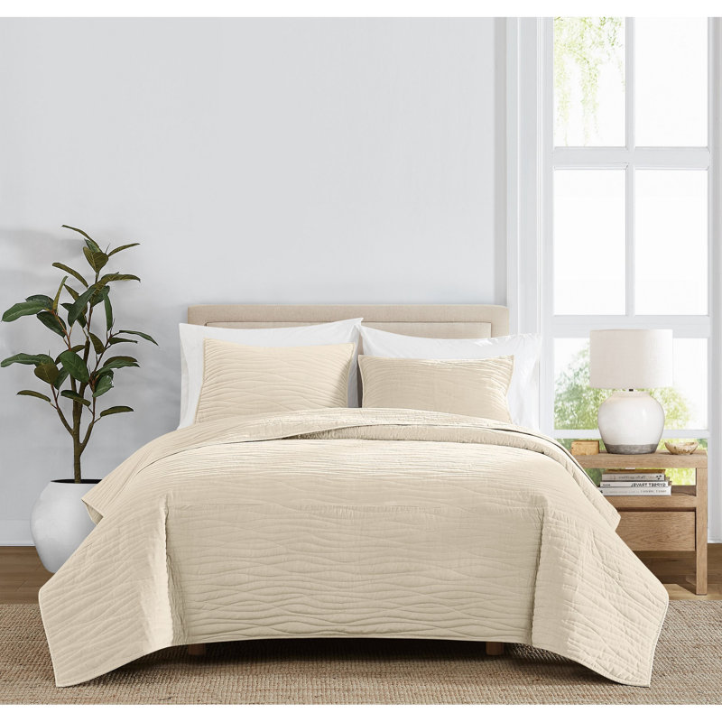 Royal Velvet Wavy Cotton Velvet Quilt Set, Ivory, King Quilt + 2 Shams