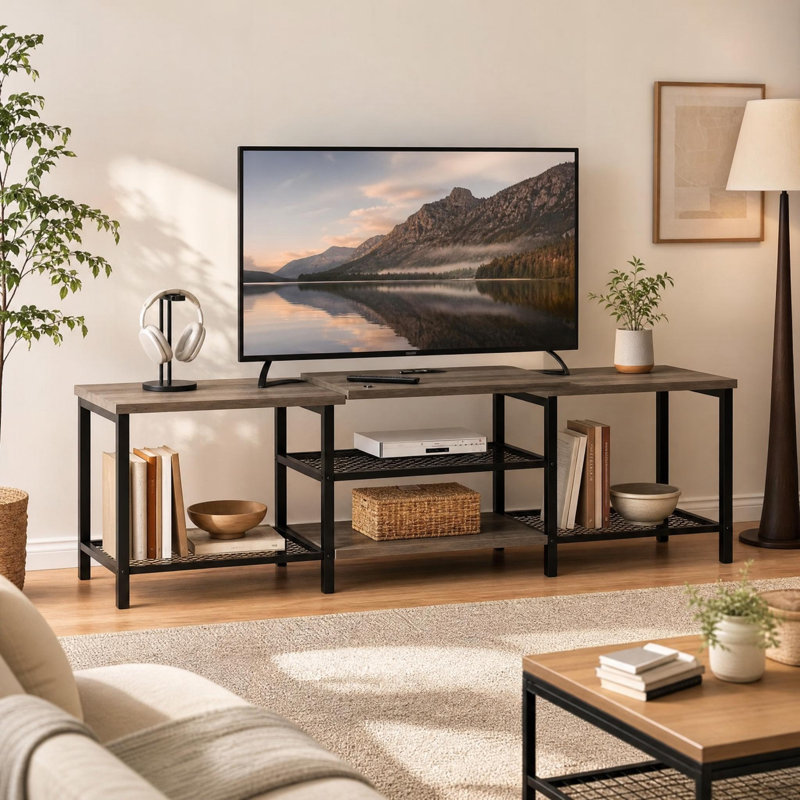 Meuble télé moderne avec tablettes de rangement, armoire de divertissement pour le salon, panneau de particules robuste et cadre en fer, facile à assembler, gris