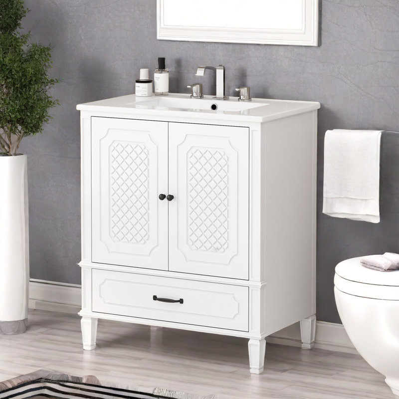 30" Bathroom Vanity With Ceramic Top, White