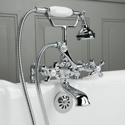 Robinet pour baignoire sur pattes trois poignées avec robinet de déviation et douchette
