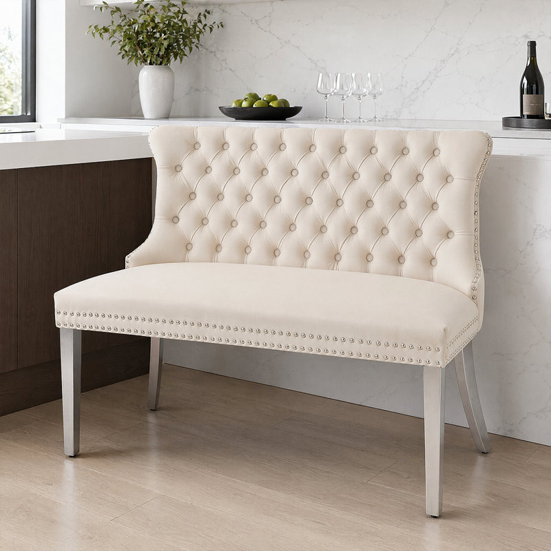 Banc de causeuse Elegant - revêtement en velours doux, dossier à oreilles capitonné, Beige, Argent argent