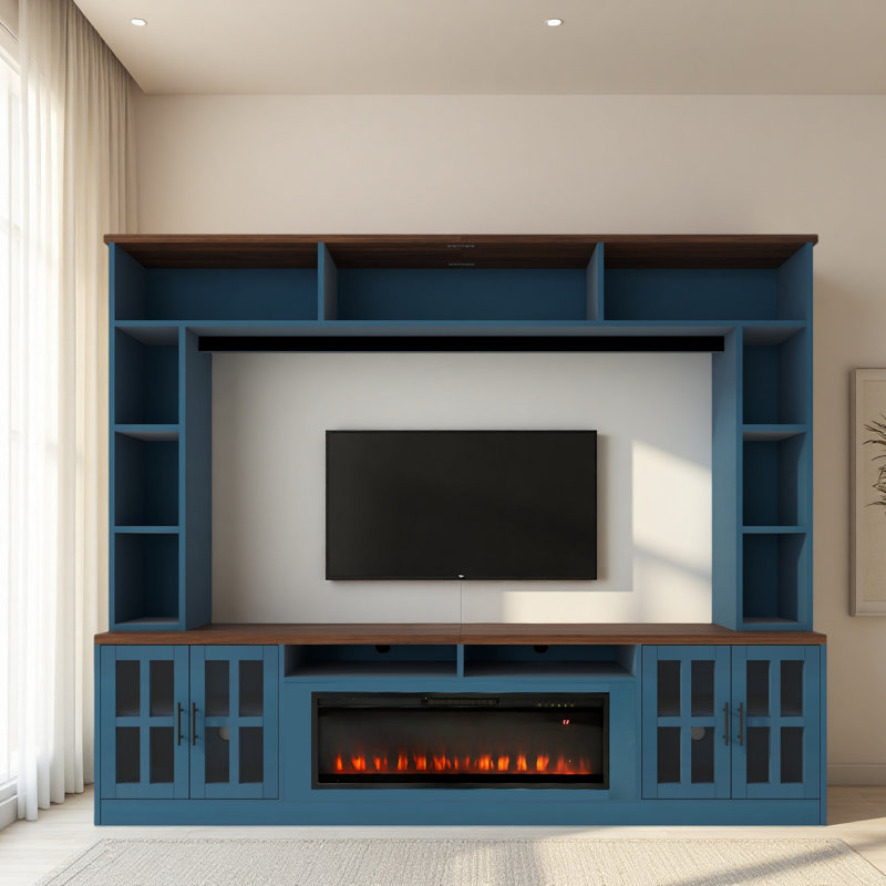 95.5" W Wall Unit Entertainment Center With Bookshelves For Tvs Up To 80", Modern TV Stand Media Console With Electric Fireplace Cabinets, And Adjustable Shelves For Living Room