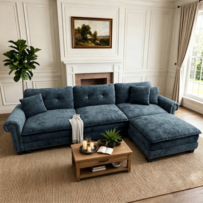 Canapé modulaire de 116 po avec repose-pieds modulaire avec repose-pieds profond en chenille ou aspect lin avec garniture cloutée de 116 po