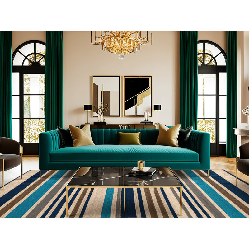  Tapis lavable rayé sable bleu océan, Rond 3 pi