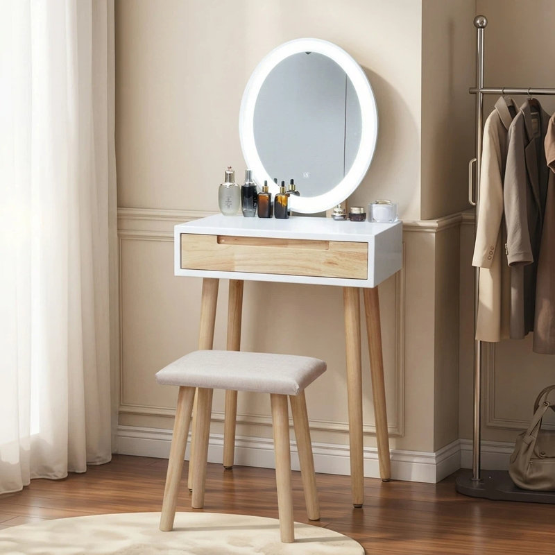 60cm Desktop Dressing Table With Led Lighted Mirror, Makeup Vanity Desk With Stool and Drawer, Beige