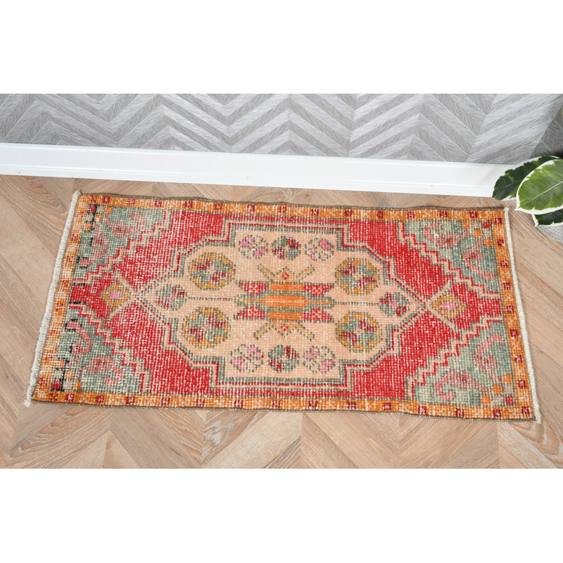 Red Wool Turkish Rug Hand Woven With Aztec Abstract Pattern Perfect For Outdoor Use And Bathroom Decor