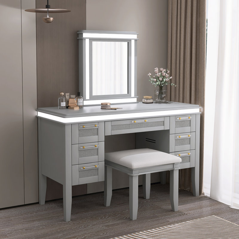 Modern Classic 48" Makeup Vanity With Mirror And Lights And Cushioned Stool, Grayish Blue