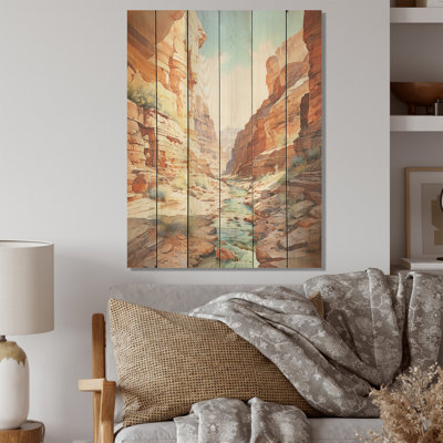 «River By The Canyon Landscape I», art mural en bois sur bois de pin naturel