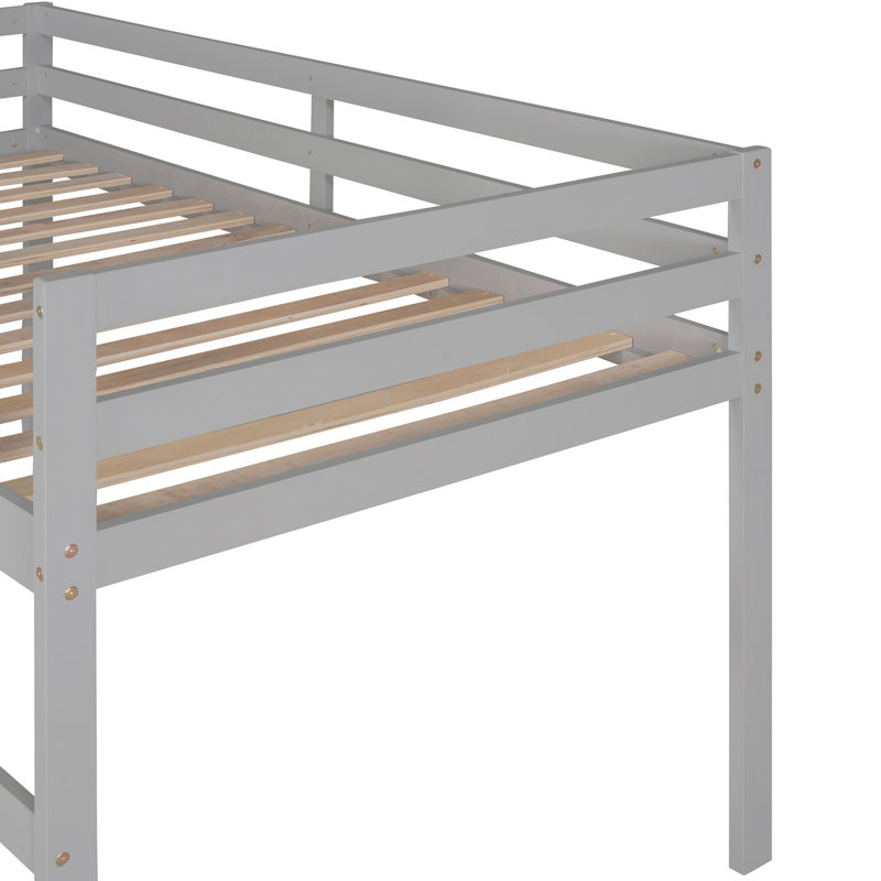 Lit mezzanine simple gris avec glissade et, construction moderne et élégante en pin massif, 14 lattes, garde-corps, sans fondation, facile à assembler, glissière de taille additionnelle, style, bois, structure solide,