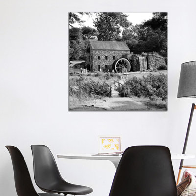 1960s People Tourists Visiting Rustic Grist Mill with Stone Structure Waterfall and Waterwheel Sudbury Massachusetts USA 1 Piece Wrapped Canvas Wall Art