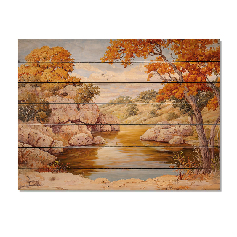 Pecos River In Texas I - Décoration murale paysage moderne sur bois de pin naturel, H 24 po x l 32 po