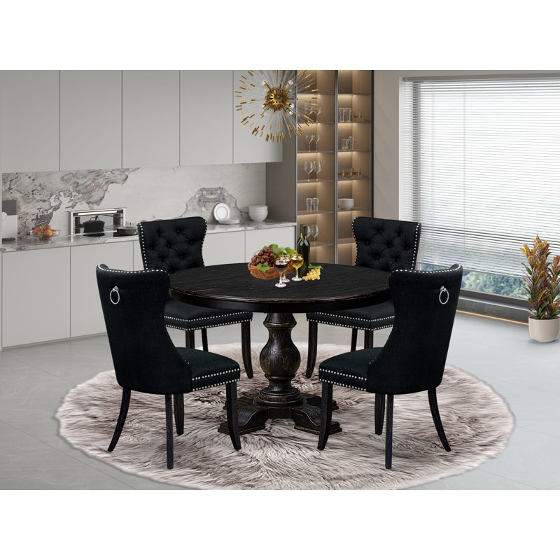 Ensemble de salle à manger 5 pièces comprenant une table ronde de 48 po avec piédestal et 4 chaises rembourrées en tissu de polyester noir, noir sablé