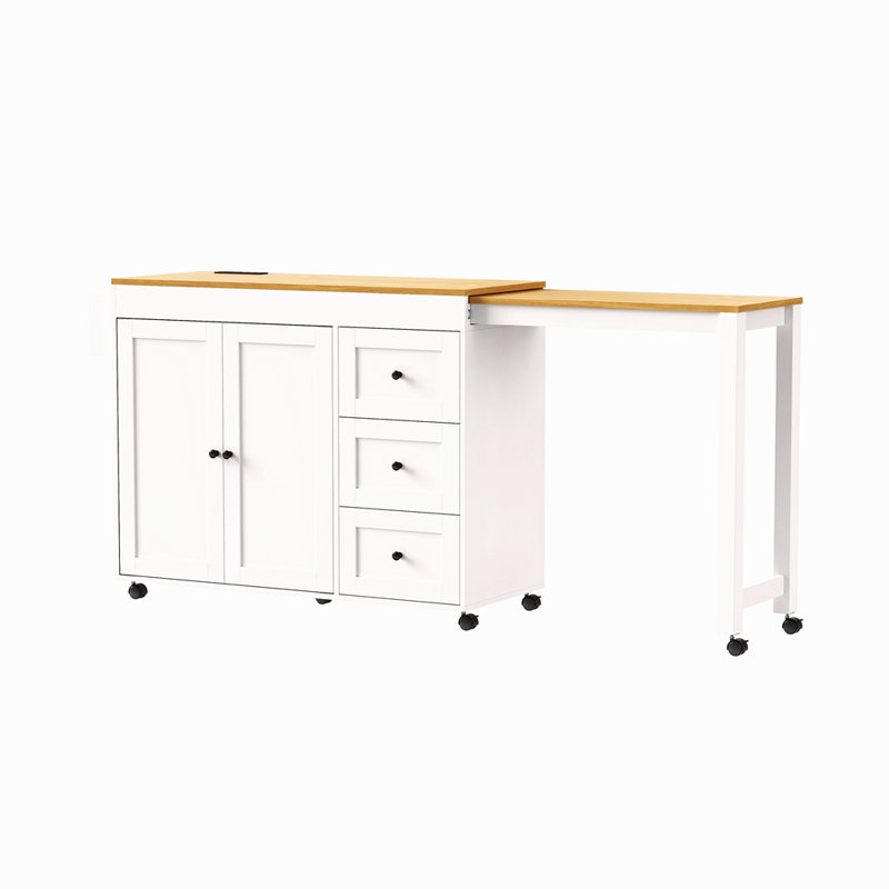 74.8" Kitchen Island With Extendable Dining Table, Kitchen Storage Cart With 3 Drawers, Power Outlet, Rolling Kitchen Island On Wheels With Spice Rack And 2 Door Cabinet, For Kitchen