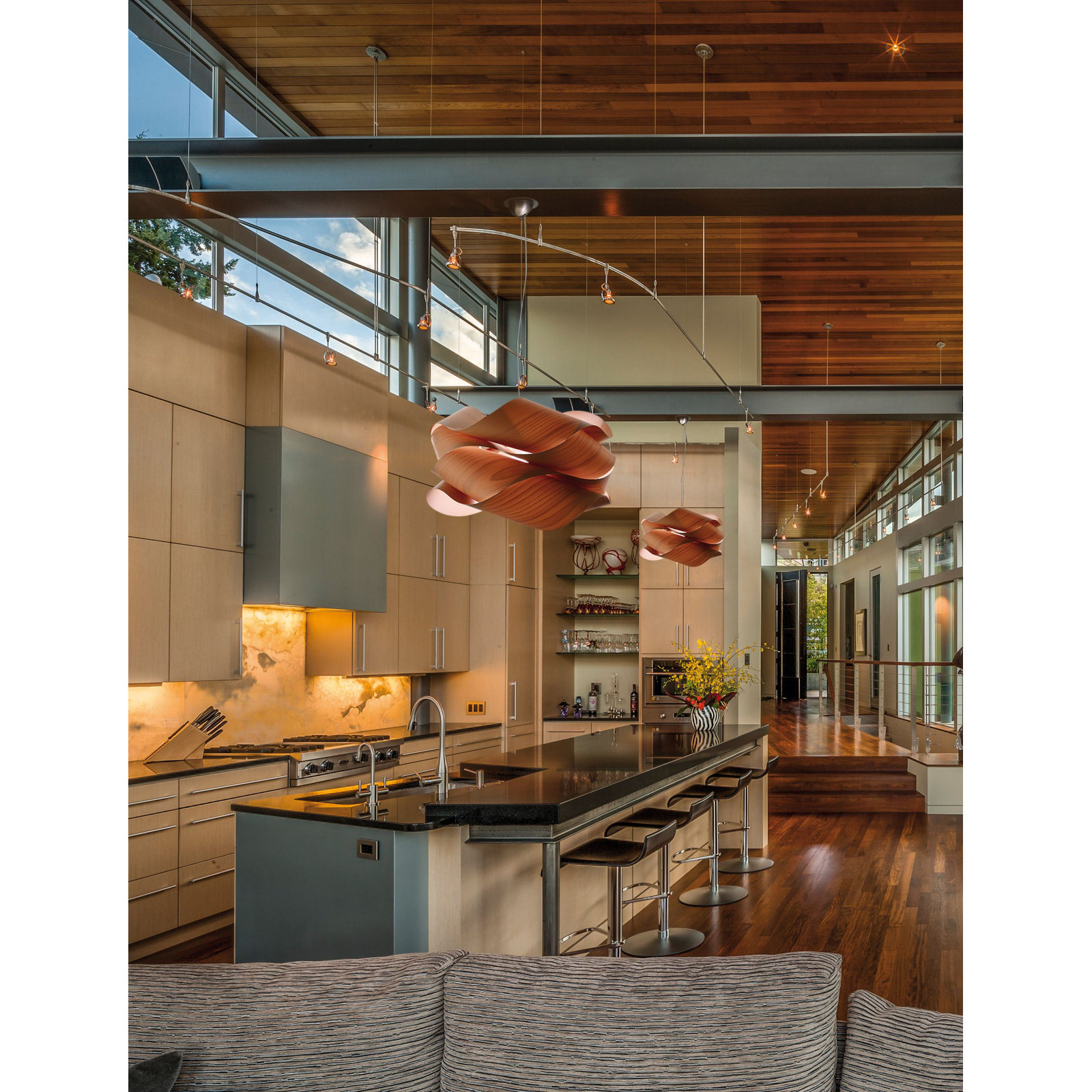 Single Light Dimmable Pendant, Orange, Matte Black, 15.7" H x 27.1" W x 27.1" D