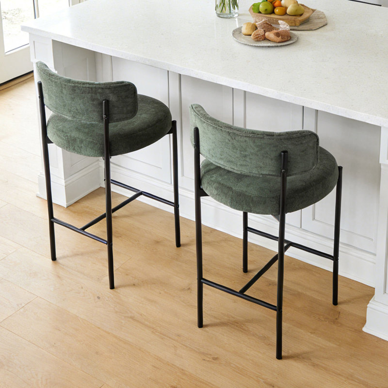 26.8'' Modern Bar Stools With Cuved Back, Upholstered Chenille Counter Height Bar Chairs With Metal Frame, Moss Green