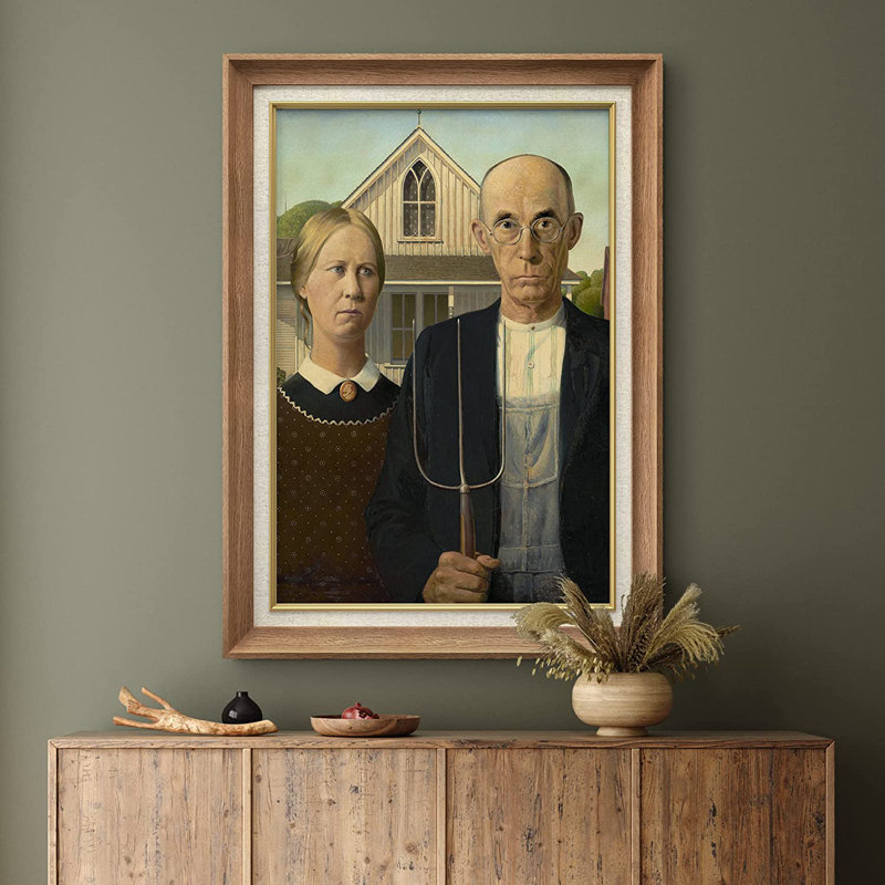 «American Gothic» par Grant Wood - peinture sur toile encadrée, Naturel
