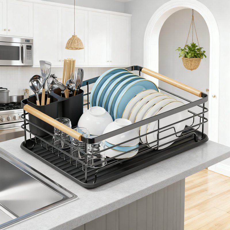 Small Dish Drying Rack For Kitchen Counter With Wooden Handles, Thickened Rust-Resistant Metal Frame, No Assembly Required, Compact Dish Drainer For Small Spaces