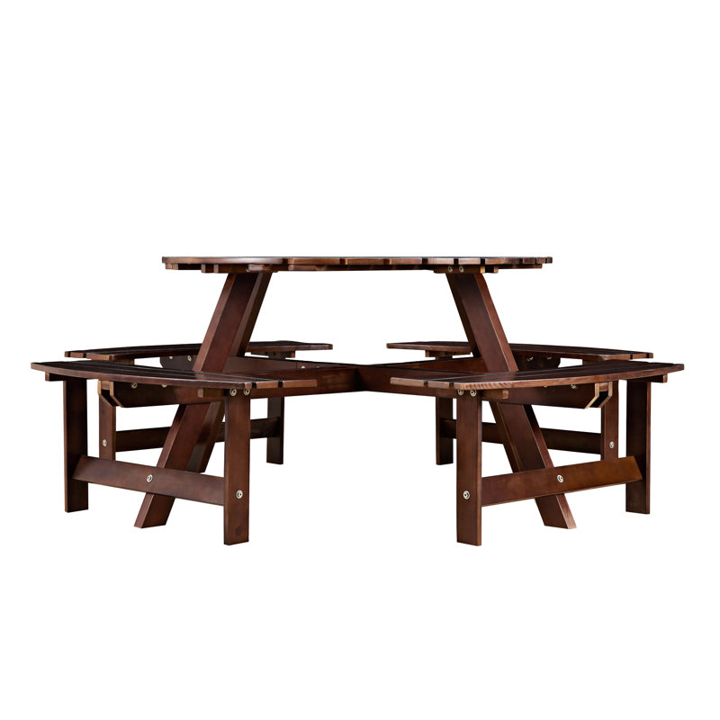 8 Person Round Picnic Table In Brown. 4 Built-In Benches, Umbrella Hole, , For Patio, Garden, Backyard Outdoor 8, Weather-, Backyard, Patio. Brown