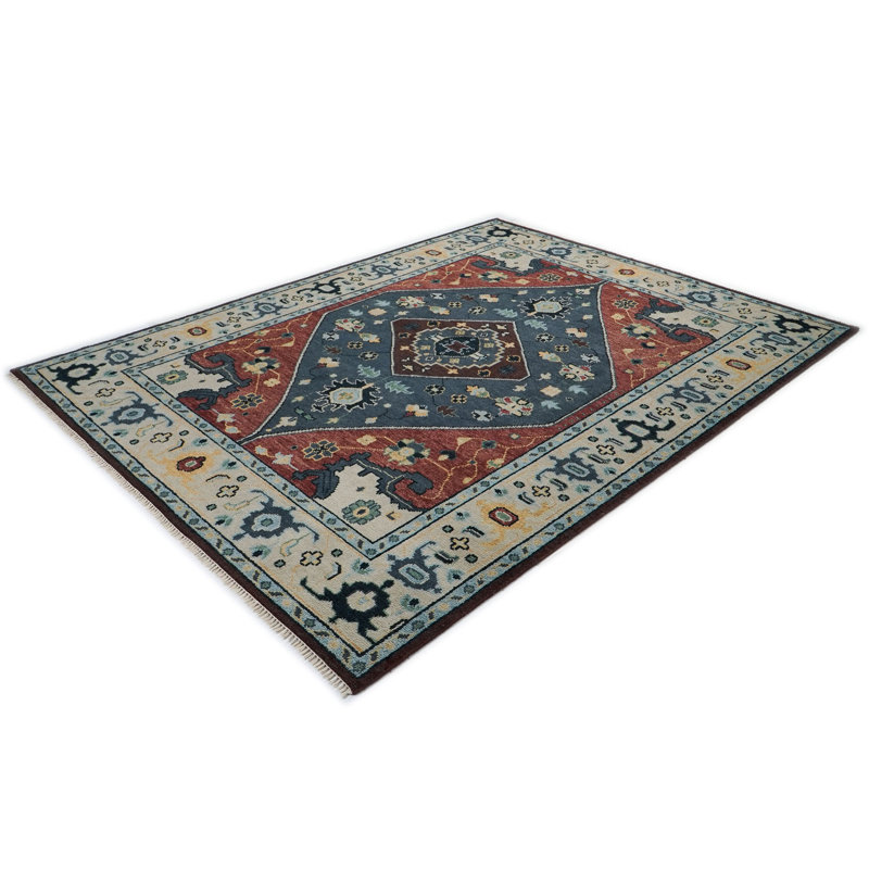 Tapis Oushak bleu en laine noué à la main 9 pi 1 po x 11 pi 11 po, Bleu, Rectangle 9 pi x 11 pi 11 po