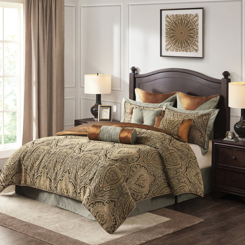 Comforter Queen, Medallion Weave, Rich Blue & Soft Brown, , Oversized, Includes Comforter, Shams, Euro 3 Decorative Pillows, Adjustable Bed Skirt For Queen Bed, Pattern In Comprises