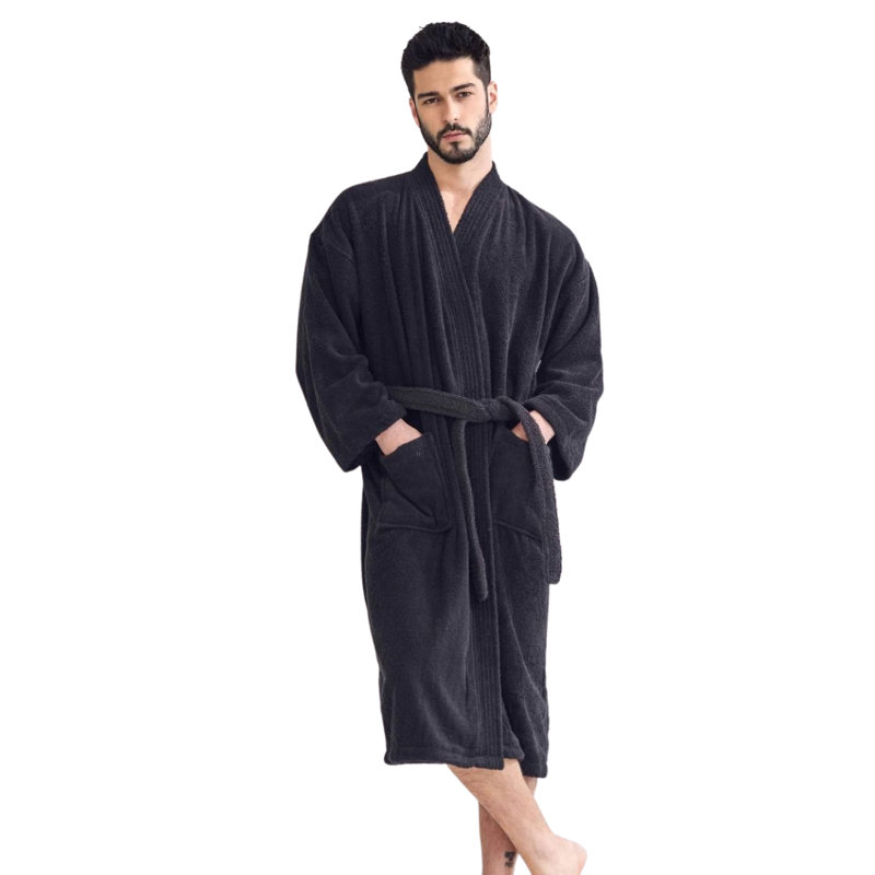 Peignoir mi-mollet 100% coton avec poches Ladijah, Noir