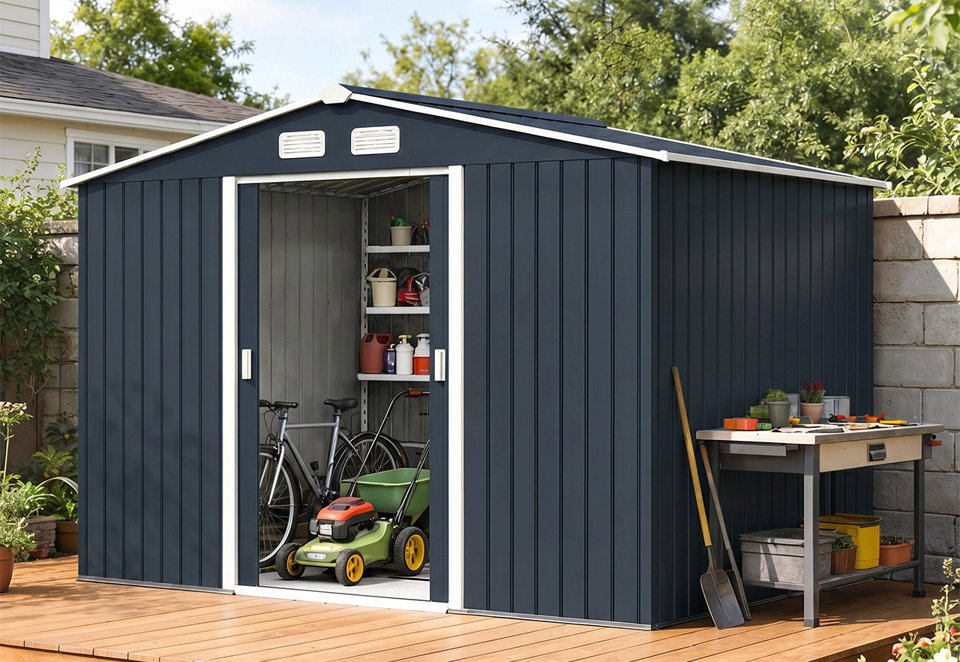 Dark blue metal garden shed with a sliding door, white trim, and shelving units, situated on a wooden deck with gardening tools and equipment inside and outside.